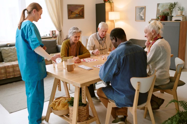 Family member visiting an elderly loved one in a Florida nursing home, concerned about signs of neglect and understaffing.